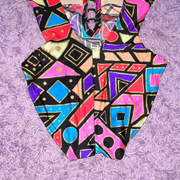 10 VTG La Blanca Funky Geometric Print Neon Gold High Cut One Piece Swimsuit - Picture 9 of 12
